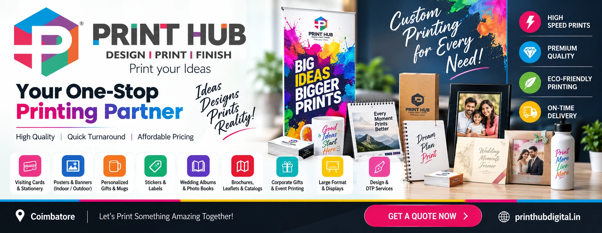 Print Hub Coimbatore &mdash; visiting cards, banners, mugs, wedding albums and custom printing, your one-stop printing partner